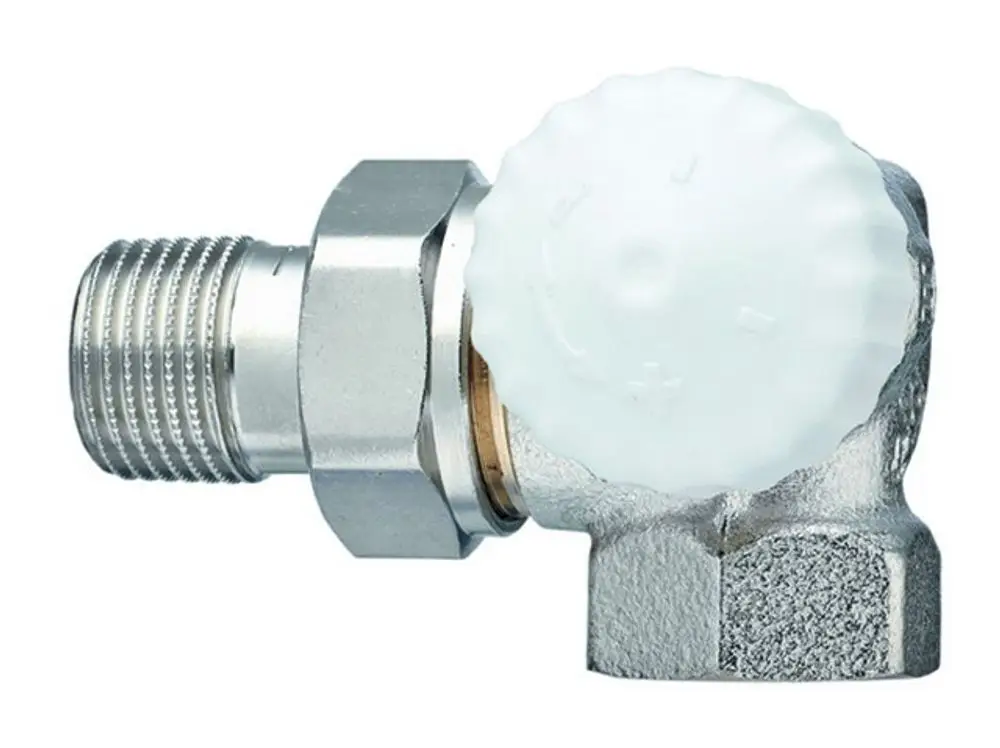 Thermostat-Ventilunterteil mit gewinkeltem Anschluss, aus Metall gefertigt, präsentiert von IMI Hydronic Engineering. Geeignet für die Heizungsinstallation.